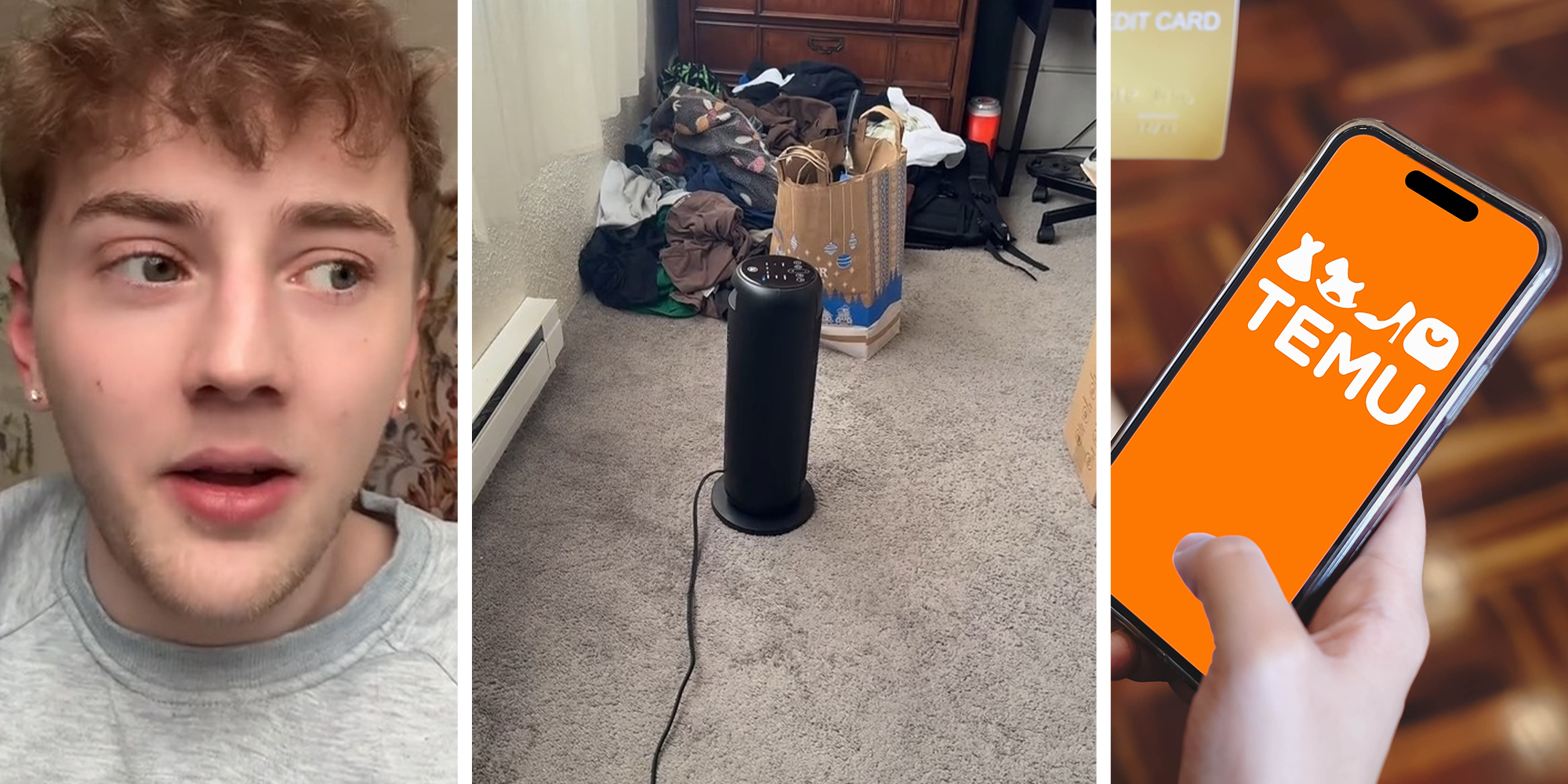 Man looking surprised(l) Temu Space Heater(c) Hand Holding Phone with Temu on Screen(r)