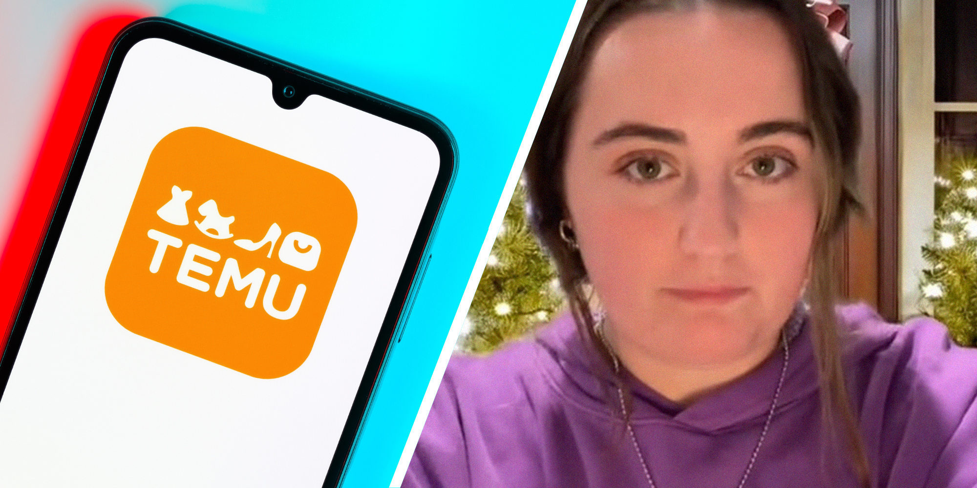 Temu Logo on Phone(l) Woman shares what she ordered from Temu(r)