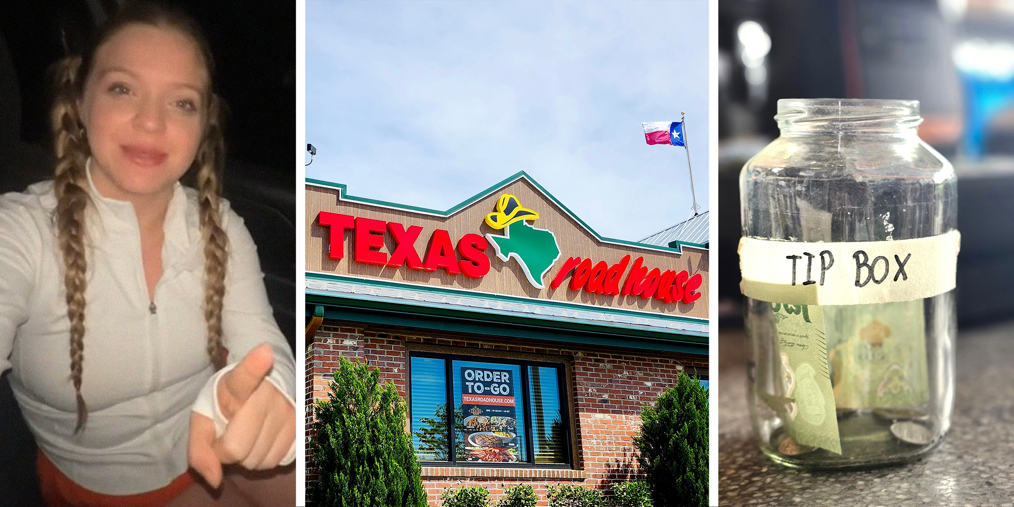 woman pointing at(r) Texas roadhouse restaurant(c) Tip box Jar(r)