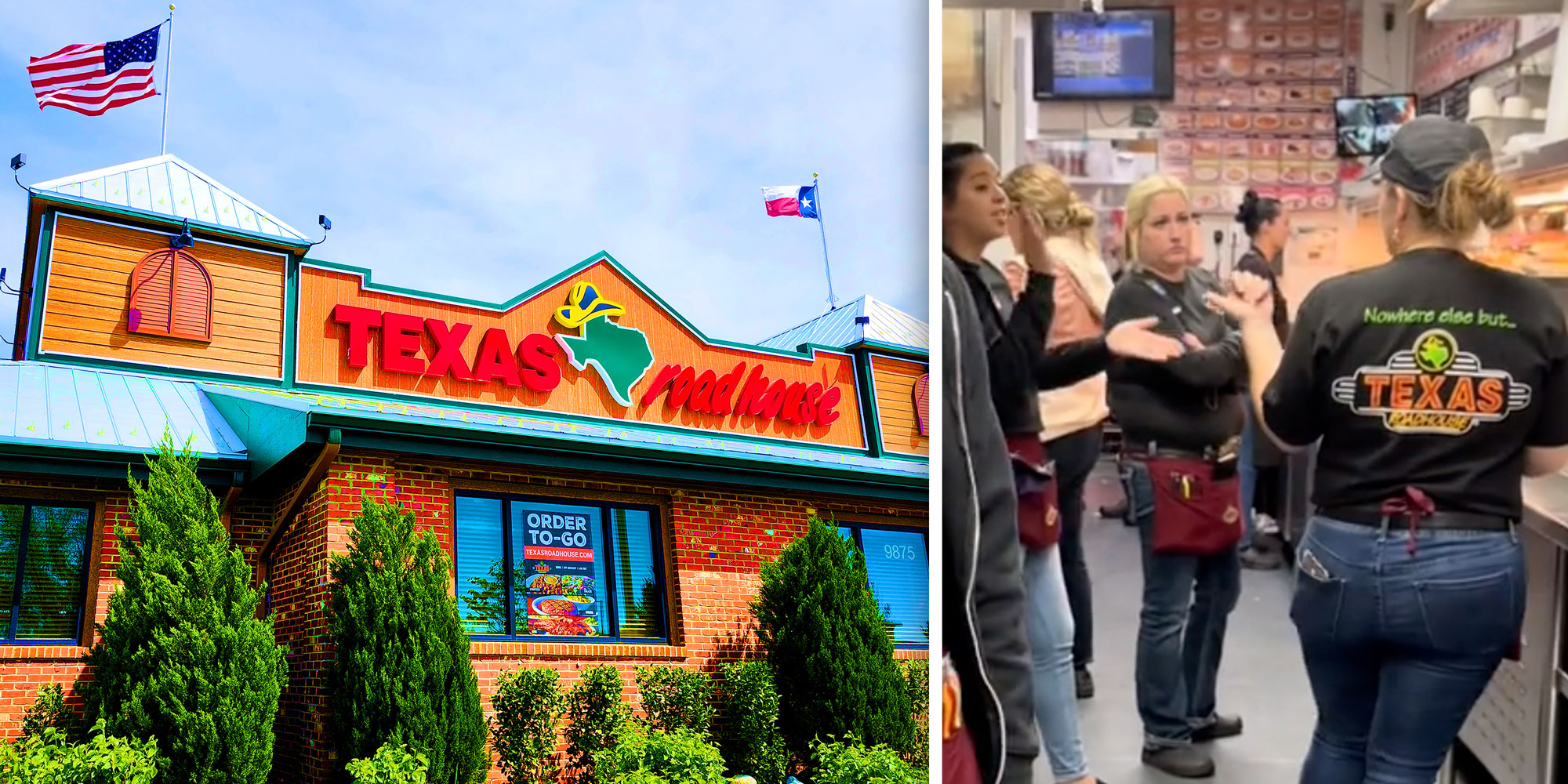 A photo of a Texas Roadhouse exterior next to a screenshot from user @soggy.biscuitz's Tiktok.