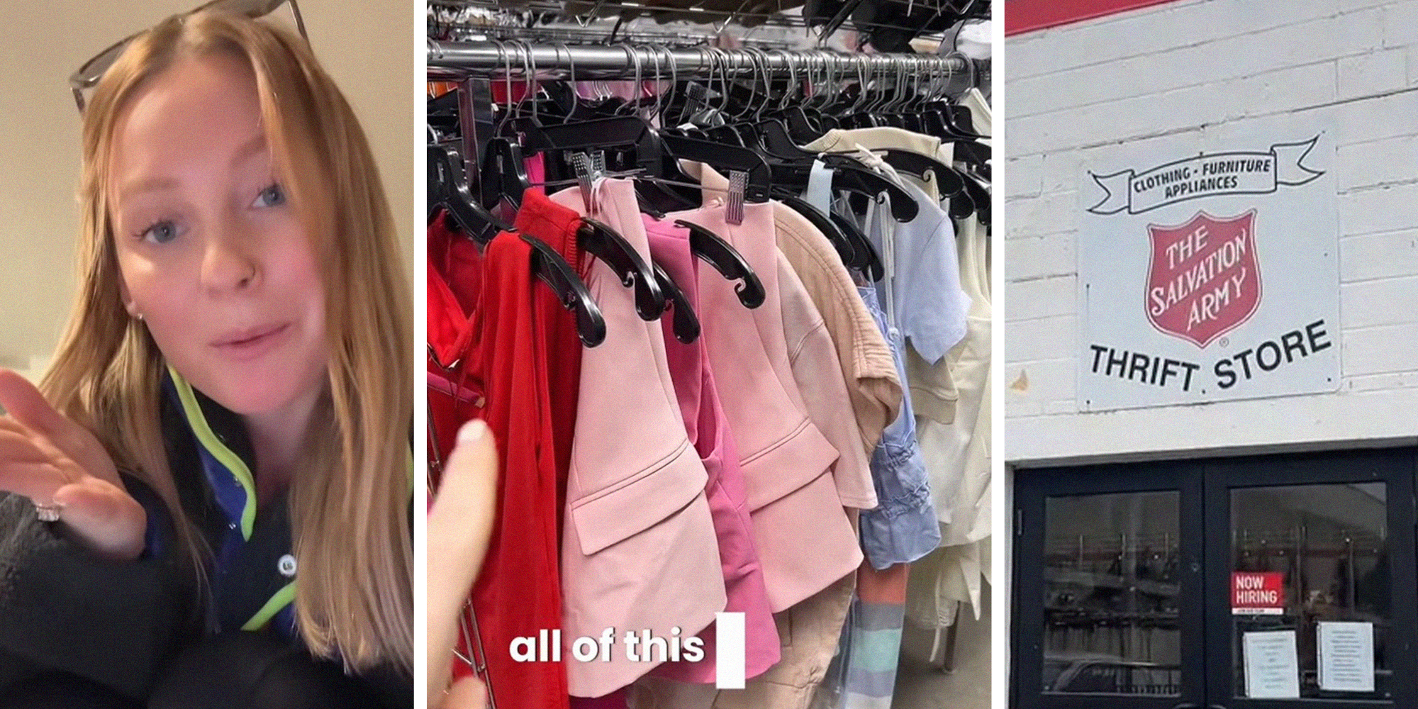 Woman shares what she found at Salvation Army(l) Racks of Clothing(c) The Salvation Army Thrift Store(r)