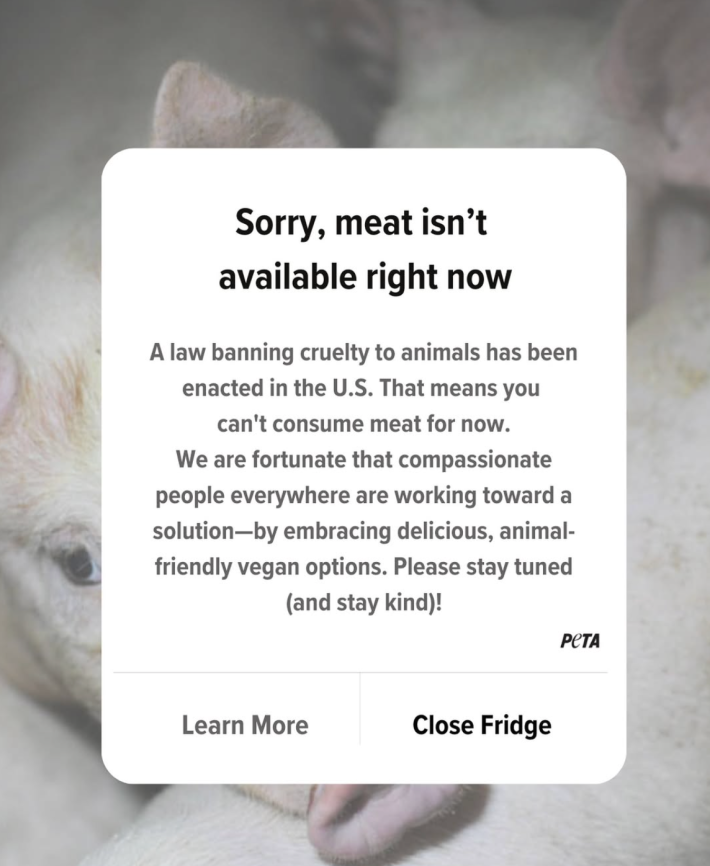 TikTok ban parody, text reads, "Sorry, meat isn't available right now. A law banning cruelty to animals has been enacted in the U.S. That means you can't consume meat for now. We are fortunate that compassionate people everywhere are working toward a solution—by embracing delicious, animal-friendly vegan options. Please stay tuned (and stay kind)! Learn More. Close Fridge."