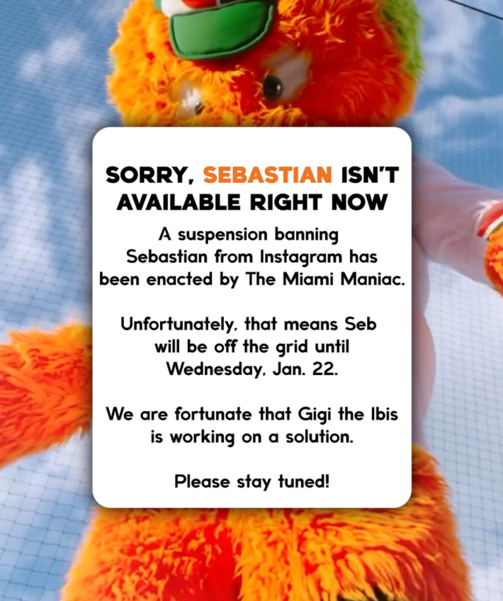 TikTok ban parody, text reads, "Sorry, Sebastian isn't available right now. A suspension banning Sebastian from Instagram has been enacted by The Miami Maniac. Unfortunately, that means Seb will be off the grid until Wednesday, Jan. 22. We are fortunate that Gigi the Ibis is working on a solution. Please stay tuned!"