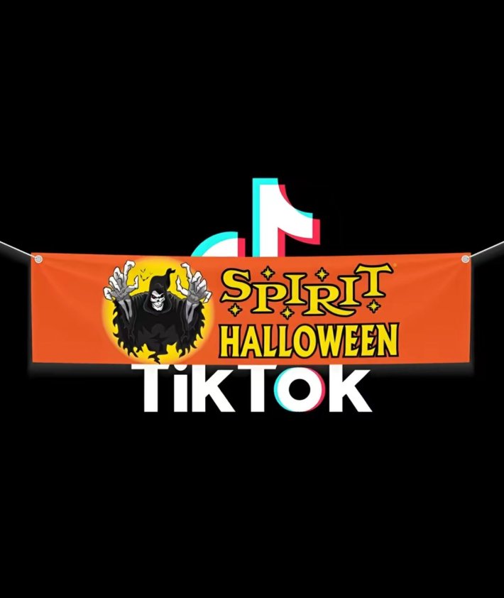 TikTok ban parody with the Spirit Halloween banner on top of the app logo.