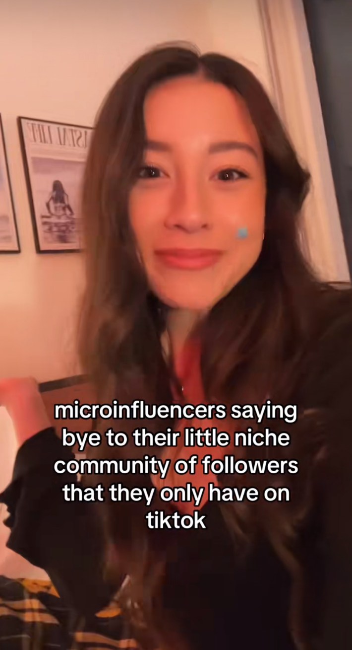 TikTok screenshot of a smiling woman. Text overlay reads, "microinfluencers saying bye to their little niche community of followers that they only have on tiktok"