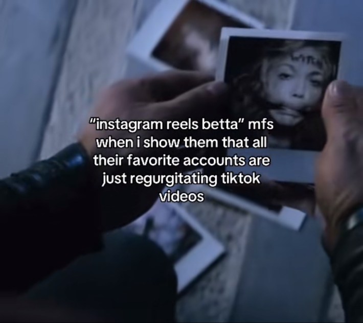 TikTok screenshot of a Superman scene. Text overlay reads, "'instagram reels betta' mfs when i show them that all their favorite accounts are just regurgitating tiktok videos."