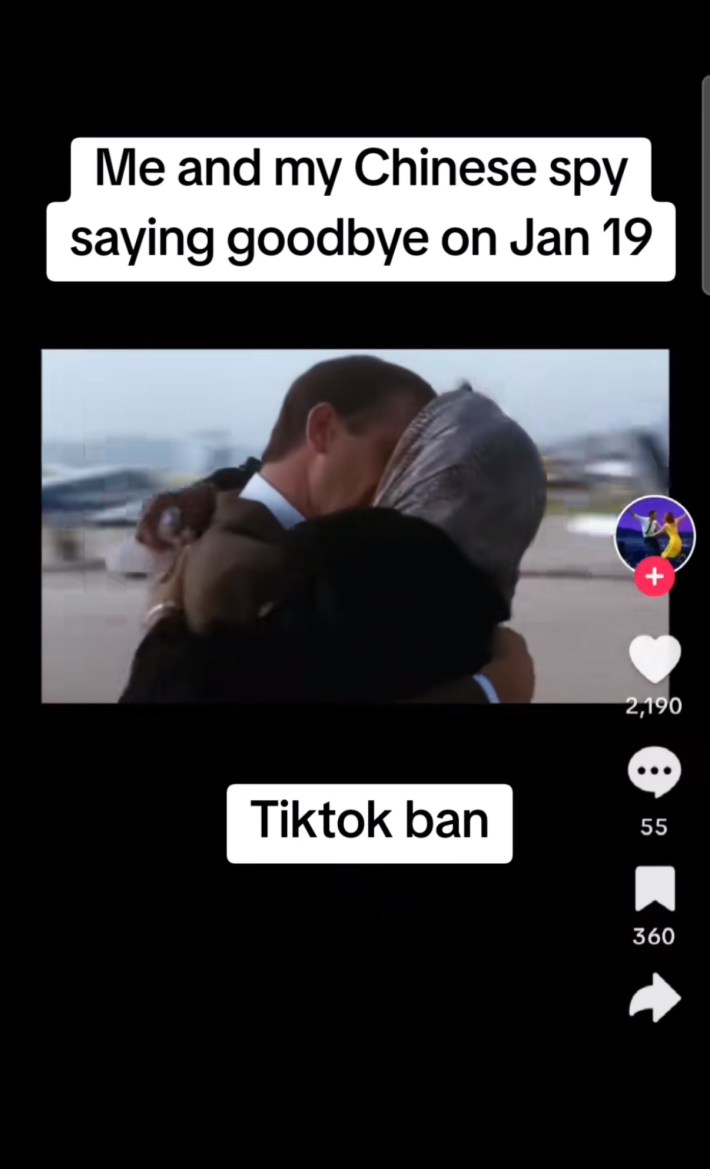 TikTok screenshot of a couple kissing on an air field. Text overlay reads, "Me and my Chinese spy saying goodbye on Jan 19"