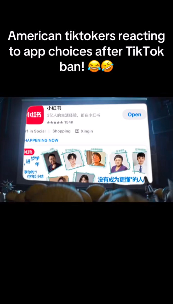 TikTok screenshot of a Minions crowd looking at a screen with RedNote's App Store screen on it. Text overlay reads, "American tiktokers reacting to app choices after TikTok ban! (laugh emojis)"