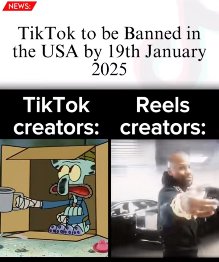 TikTok screenshot, text reads, "News: TikTok to be Banned in the USA by 19th January 2025. TikTok creators:" with a photo of homeless Squidward and "Reels creators:" with a photo of a man pointing at the camera.