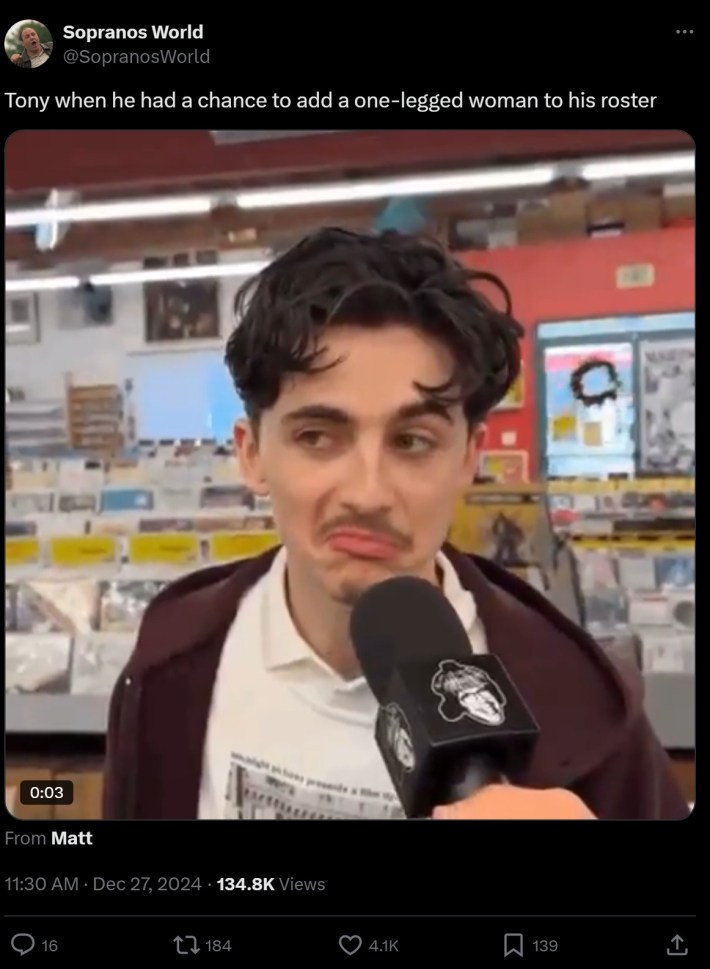 "Tony when he had a chance to add a one-legged woman to his roster" timothee chalamet frowning meme