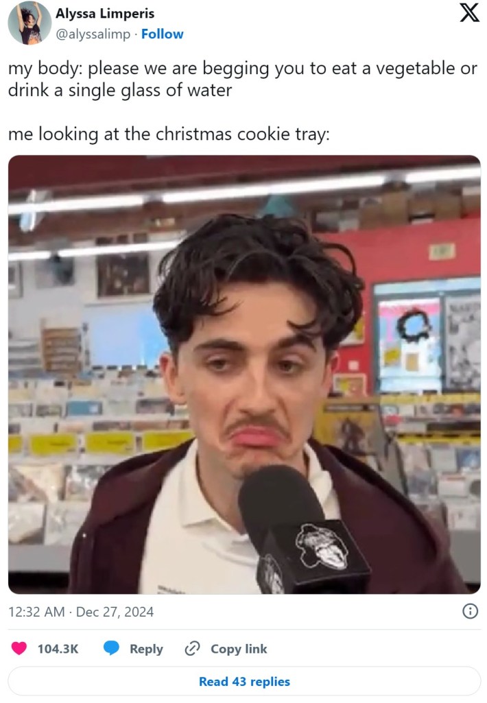 "my body: please we are begging you to eat a vegetable or drink a single glass of waterme looking at the christmas cookie tray" timothee chalamet frowning meme