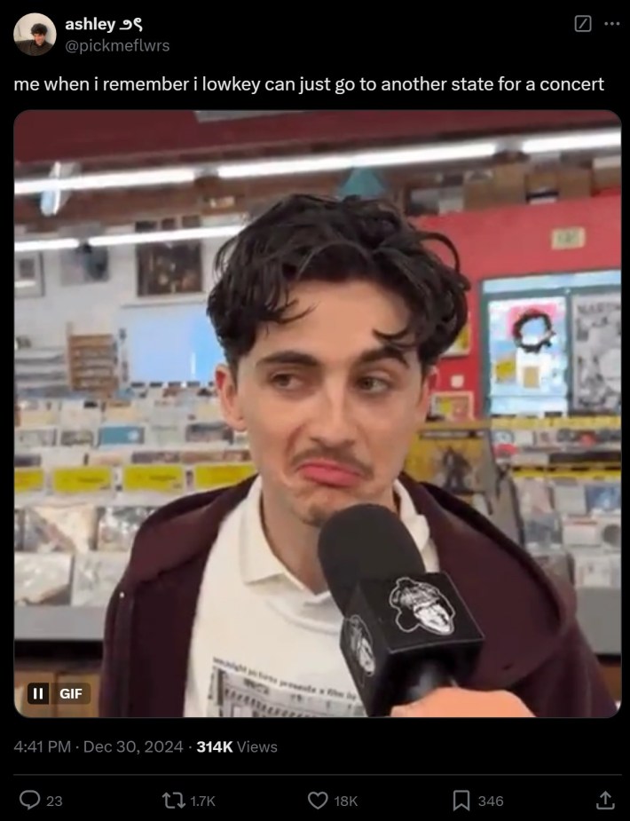 "me when i remember i lowkey can just go to another state for a concert" timothee chalamet frowning meme