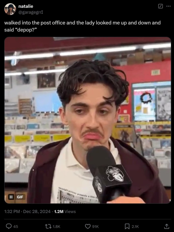 "walked into the post office and the lady looked me up and down and said 'depop?'" timothee chalamet frowning meme