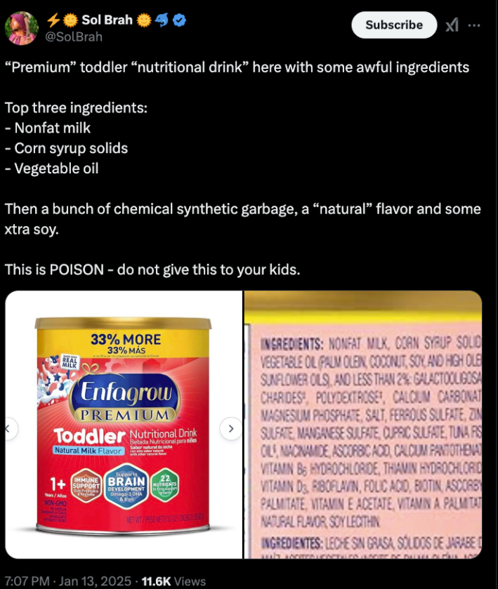 tweet about toddler milk reading: "“Premium” toddler “nutritional drink” here with some awful ingredientsTop three ingredients:- Nonfat milk- Corn syrup solids- Vegetable oilThen a bunch of chemical synthetic garbage, a “natural” flavor and some xtra soy. This is POISON - do not give this to your kids."