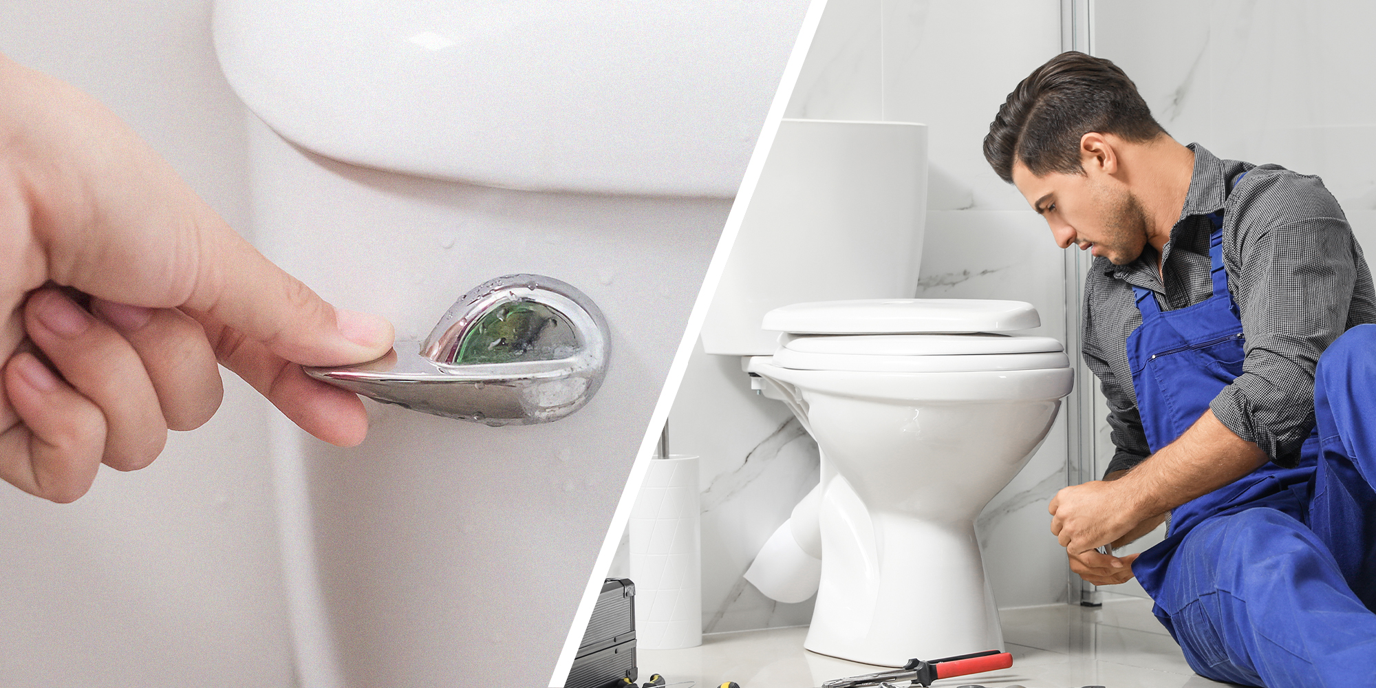 Hand flushing toilet(l) Person fixing toilet(r)