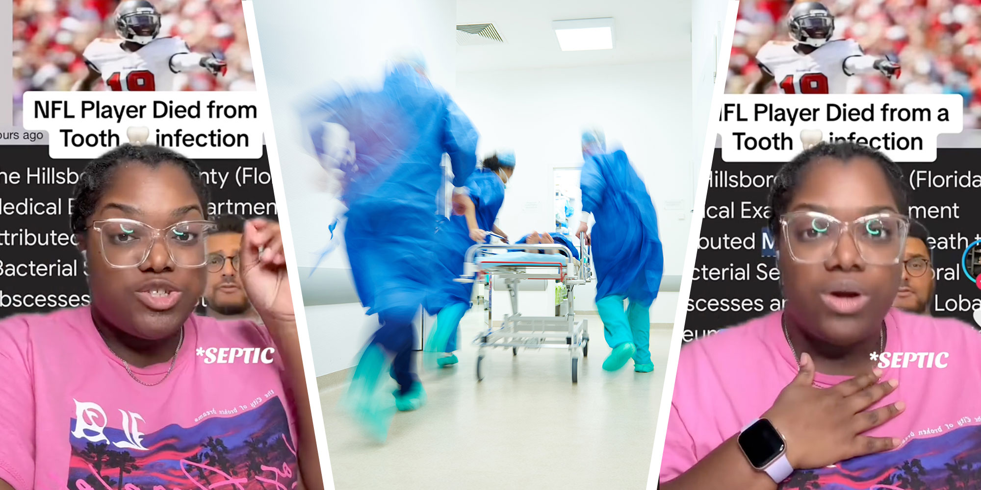 An image of doctors running in a hospital with a hospital bed between two images of a woman on tiktok.