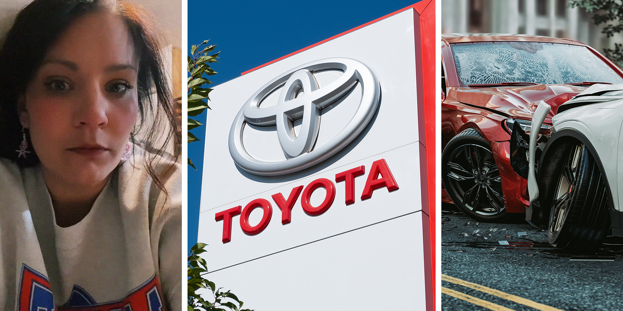 woman shares a information about car wreckage(l) Toyota Dealer Sign(c) Vehicles Crashing(r)