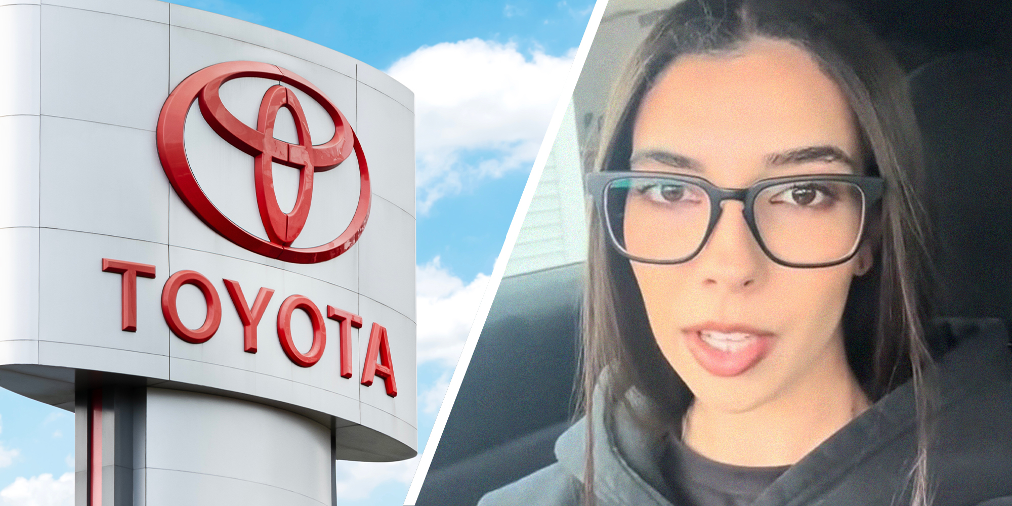 Toyota Dealer Sign(l) Woman wearing glasses inside of vehicle(r)