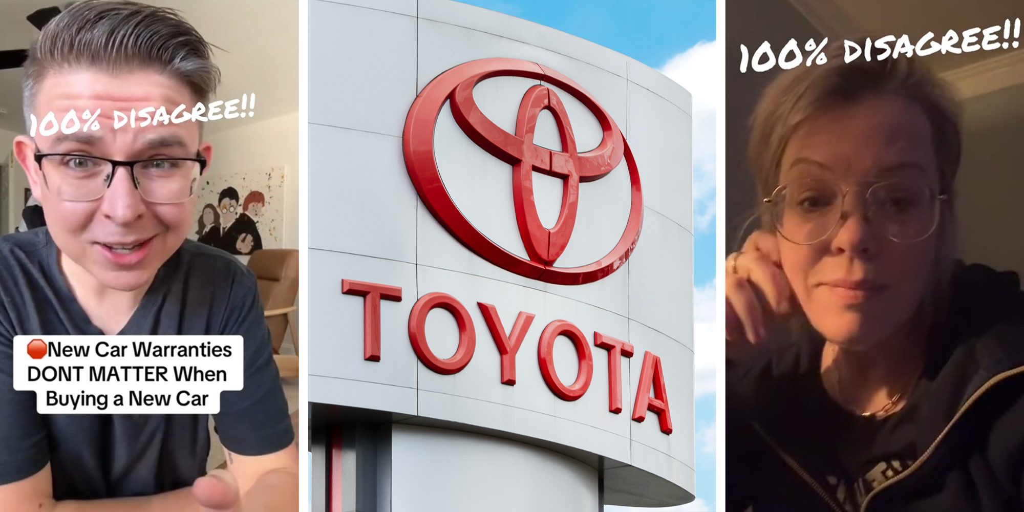 man shares information about car warranties(l) Toyota dealer sign(c) Woman shares her opinions on car warranties(r)