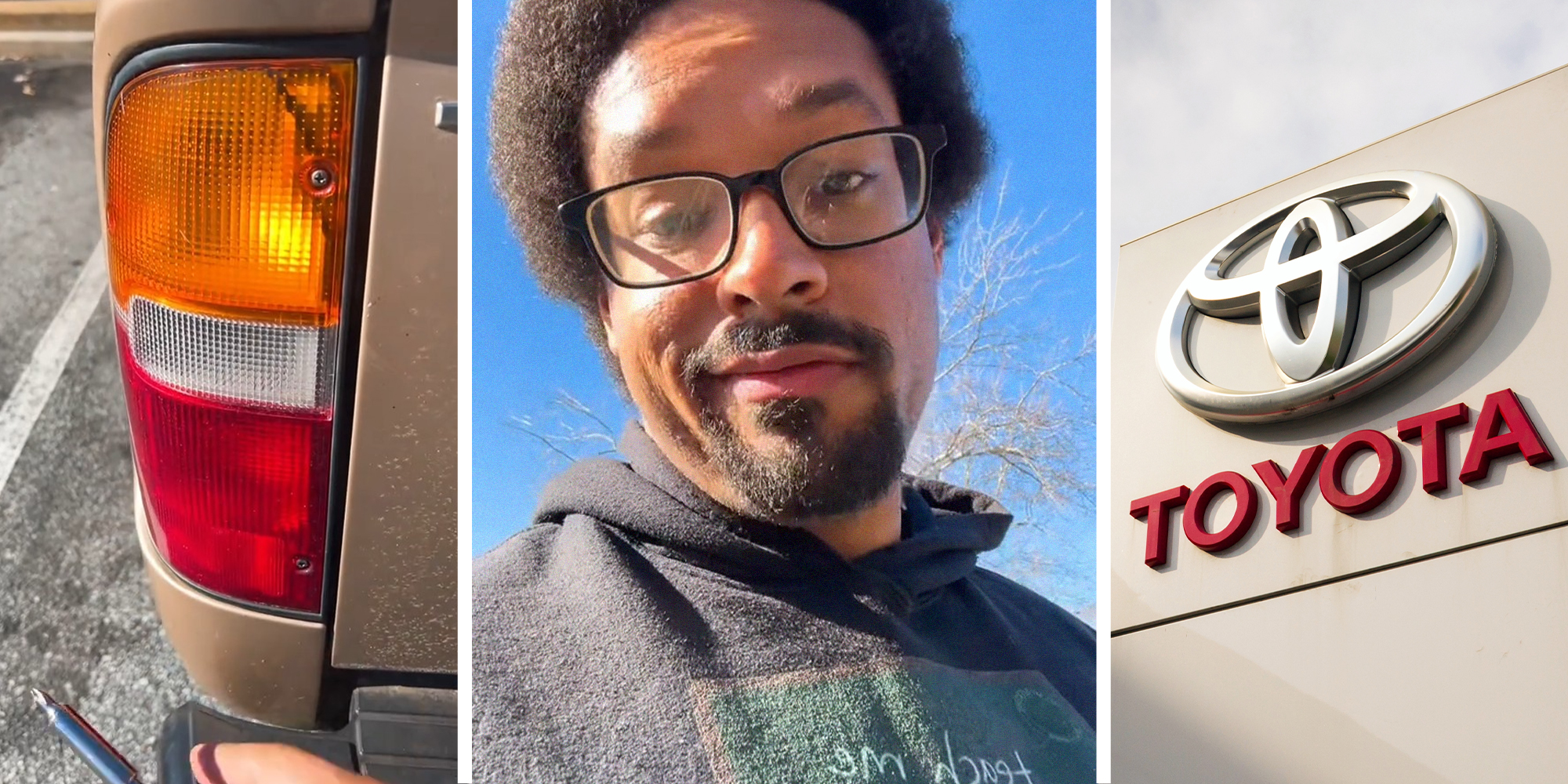 Toyota Tail Light(l) Man demonstrates how easy it is to repair parts from Toyota Pickup(c) Toyota Dealer Sign(r)