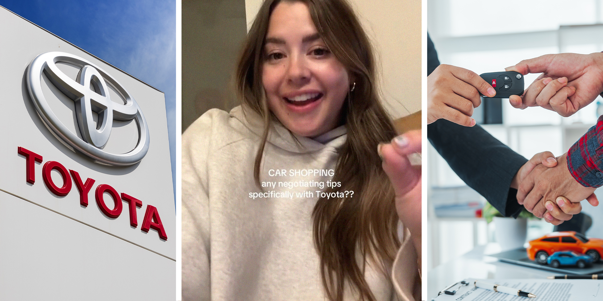 Toyota Dealer(l) Woman smiling sharing tactics for getting deals at dealer(c) Hand shake transaction for vehicle(r)