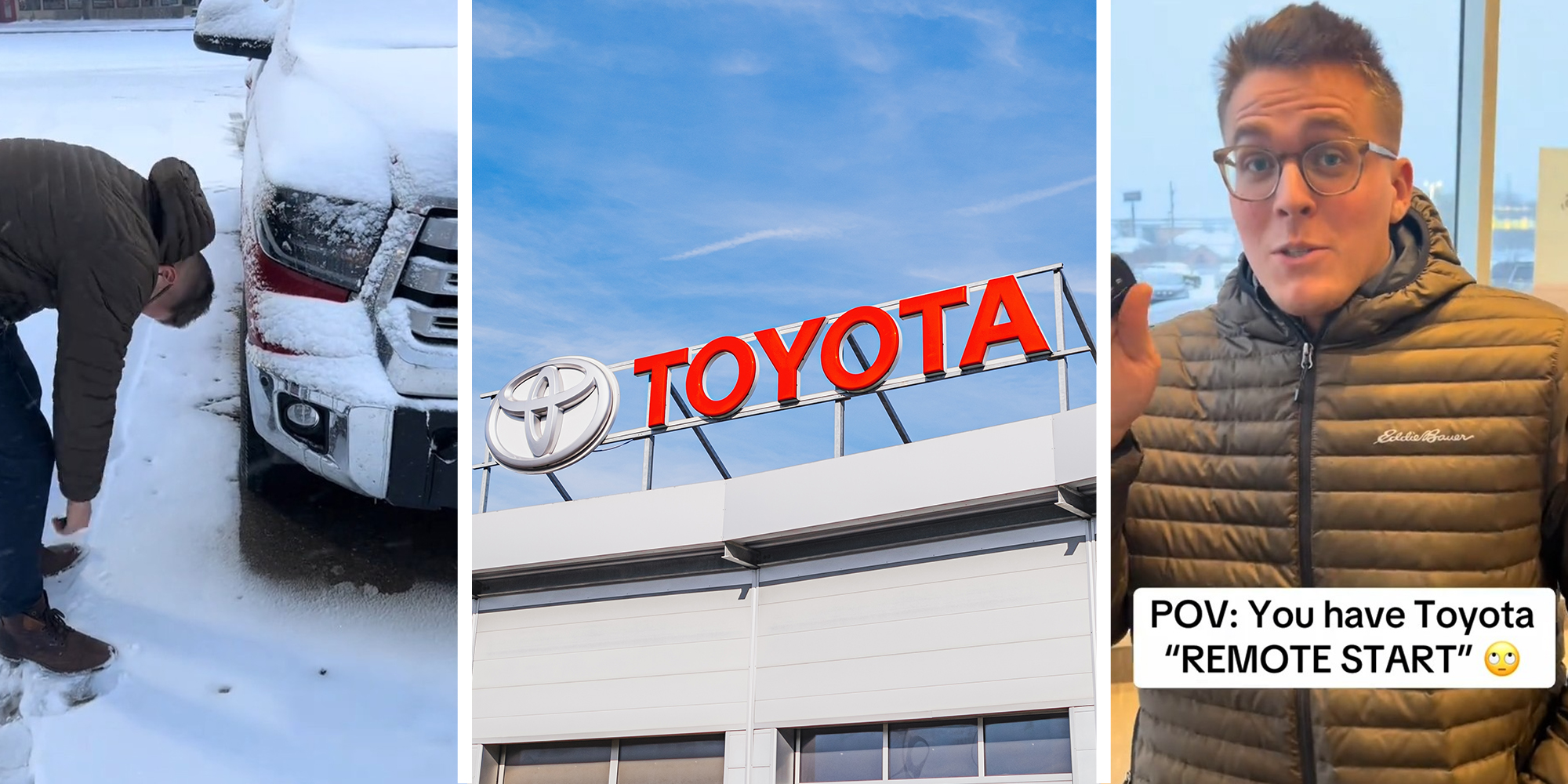 Man looking disappointed near toyota pickup(l) Toyota Dealer logo on building(c) Man shares how to remote start toyota(r)