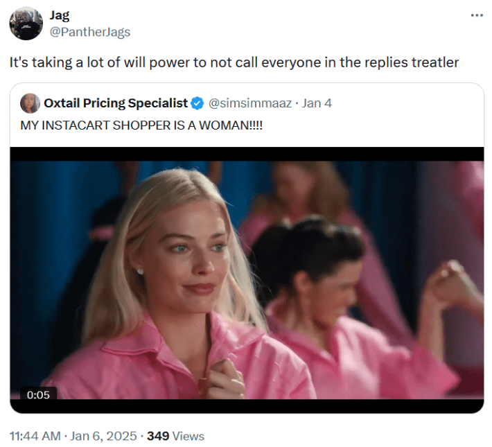 Treatler meme quote tweeting someone celebrating that their Instacart shopper is a woman.