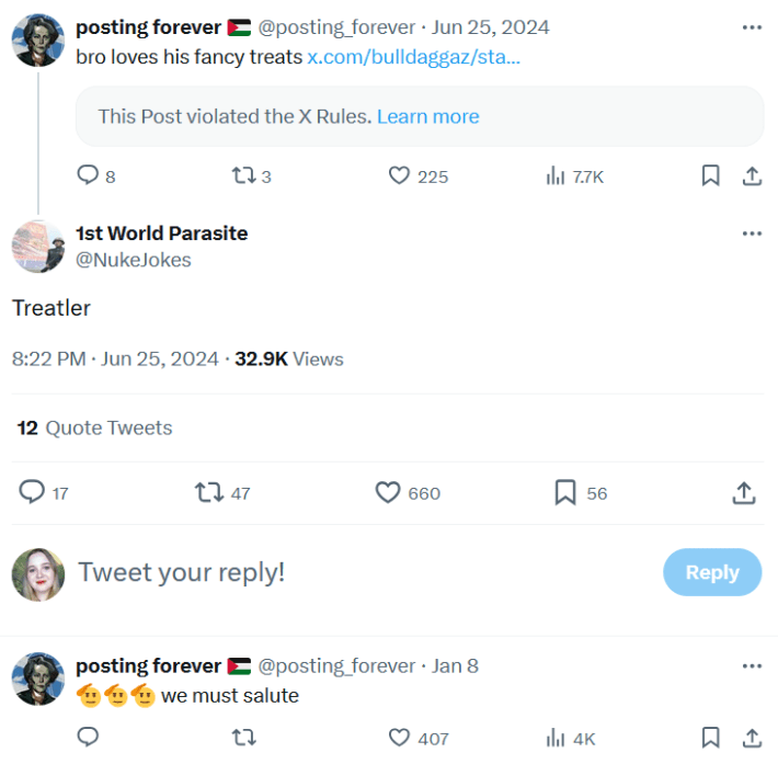 Twitter reply starting the Treatler meme.