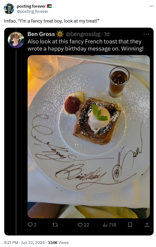 Tweet mocking a screenshot of a tweet with a photo of French toast and ice cream with "Happy Birthday Ben" written on the plate and a side of espresso.