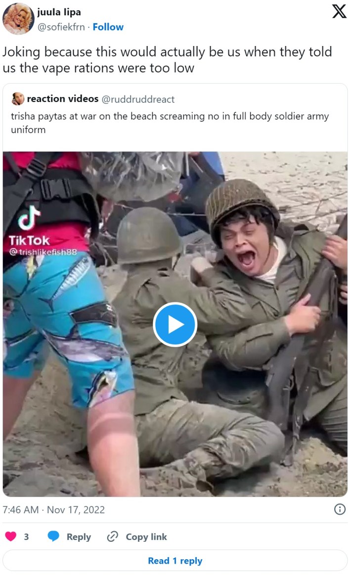 trisha paytas war meme "Joking because this would actually be us when they told us the vape rations were too low"