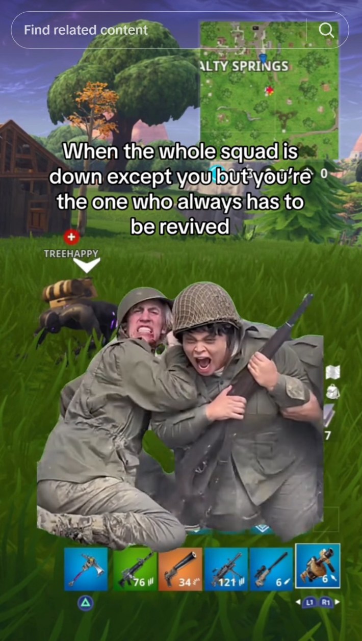 trisha paytas war meme tiktok that reads "when the whole squad is down except you but you're the one who always has to be revived"