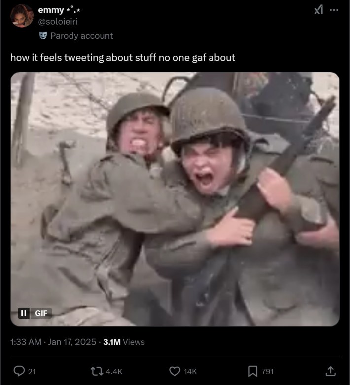 trisha paytas war meme that reads "how it feels tweeting about stuff no one gaf about"