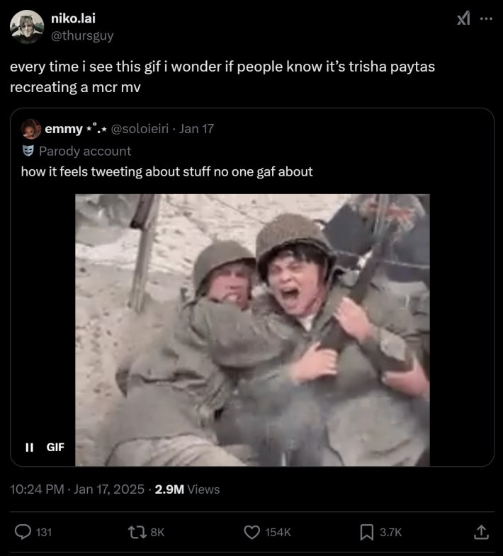 trisha paytas war meme tweet that reads "every time i see this gif i wonder if people know it’s trisha paytas recreating a mcr mv"