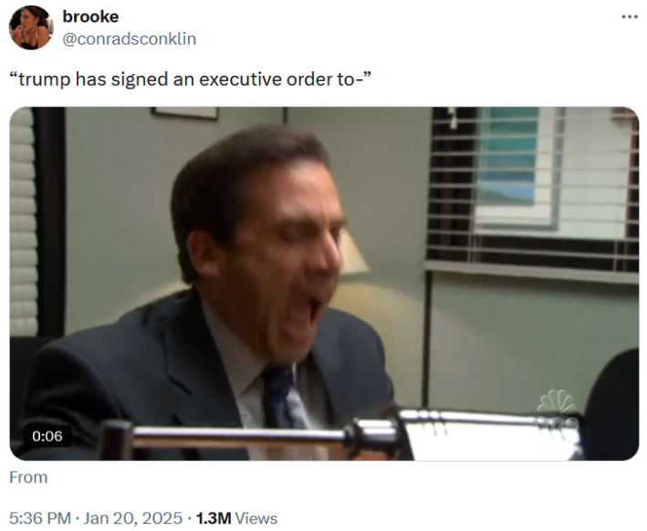 Trump executive order meme with a gif of Michael Scott from The Office yelling.