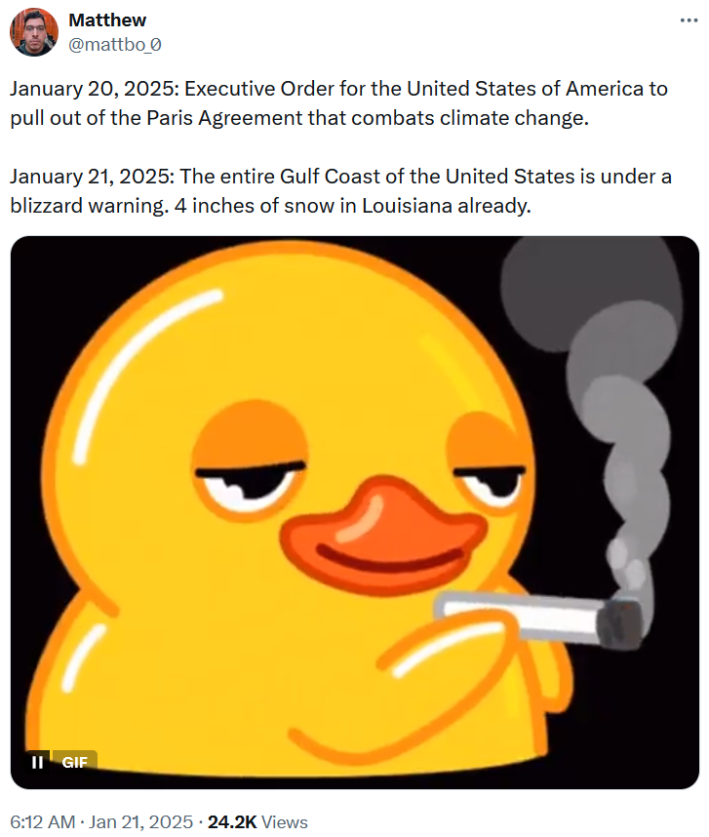 Trump executive order meme with a gif of a cartoon duck smoking.