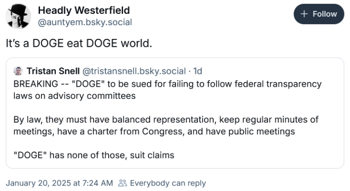 Quote post about DOGE getting sued reading "It’s a DOGE eat DOGE world."