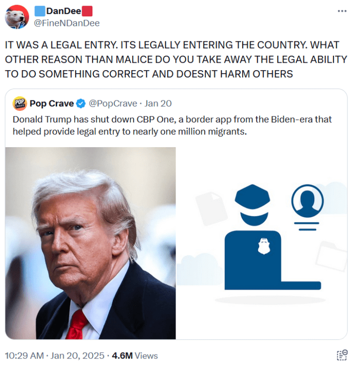 Donald Trump executive order tweet about CBP One reading "IT WAS A LEGAL ENTRY. ITS LEGALLY ENTERING THE COUNTRY. WHAT OTHER REASON THAN MALICE DO YOU TAKE AWAY THE LEGAL ABILITY TO DO SOMETHING CORRECT AND DOESNT HARM OTHERS."
