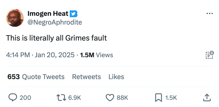 Trump inauguration day 2025 meme, text reads, "This is literally all Grimes fault."