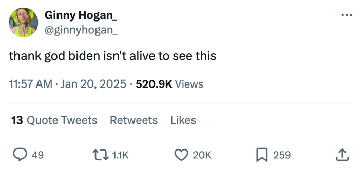 Trump inauguration day 2025 meme, text reads, "thank god biden isn't alive to see this"