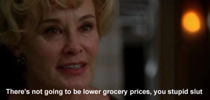 Trump inauguration day 2025 meme, text reads, "There's not going to be lower grocery prices, you stupid sl*t."