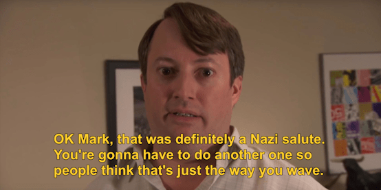 Trump inauguration day 2025 meme, text reads, "Ok Mark, that was definitely a Nazi salute. You're going to have to do another one so people think that's just the way you wave."