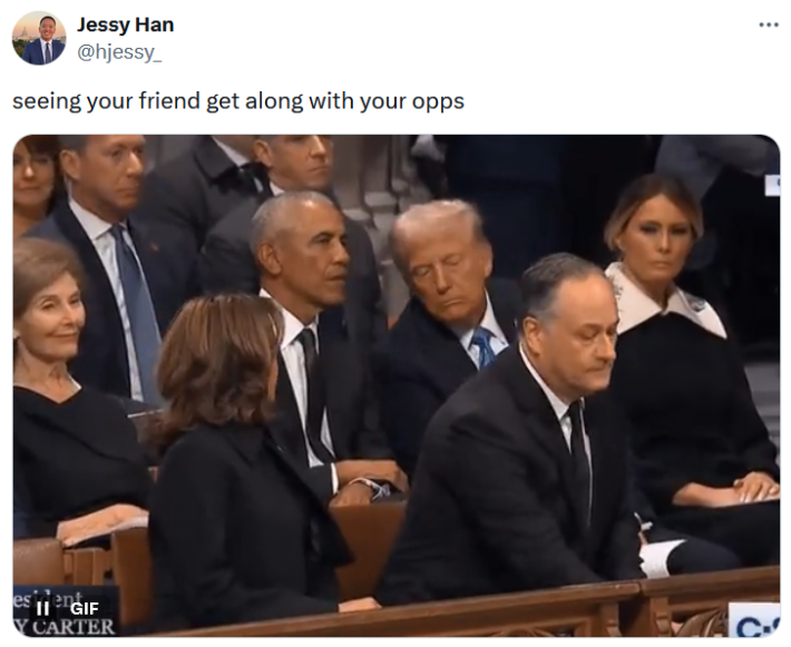 Trump Obama meme showing Kamala Harris looking back at the two.