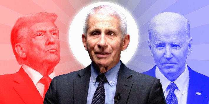 Photo collage of Dr. Anthony Fauci in front of Donald Trump and Joe Biden.