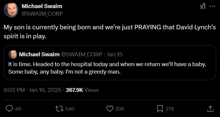 Post by an X user discussing david lynch reincarnated