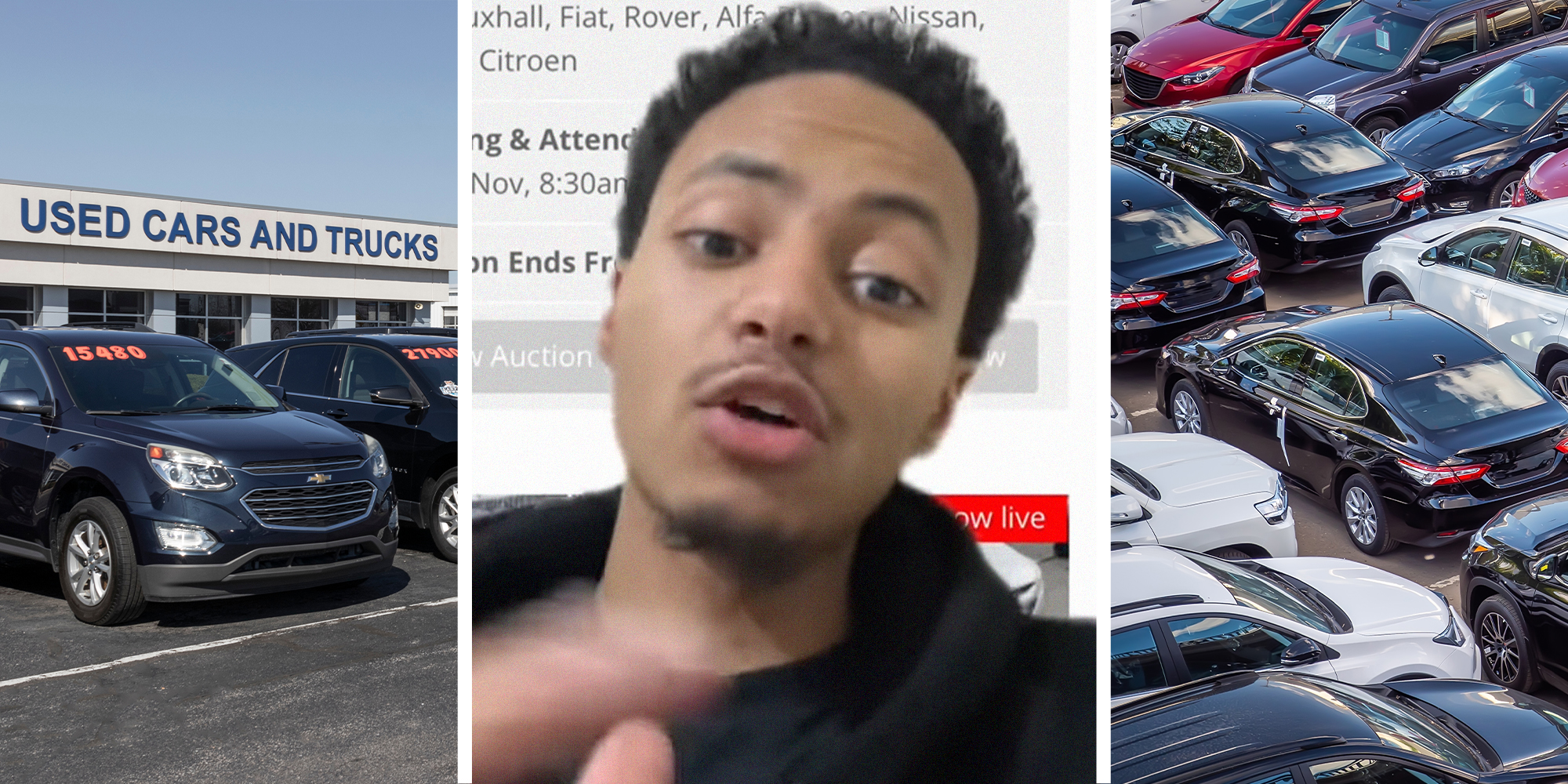 Used cars and Trucks Sign(l) Man shares hack to get used car deals(c) Used Car Lot(r)