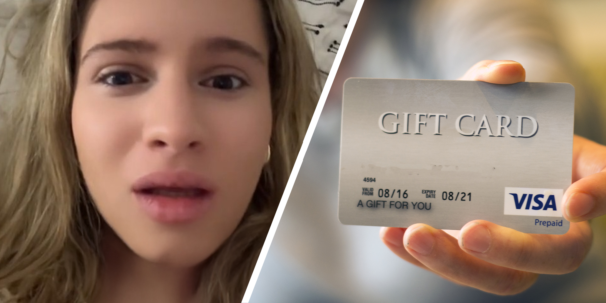 Woman looking shocked(l) Hand holding gift card(r)