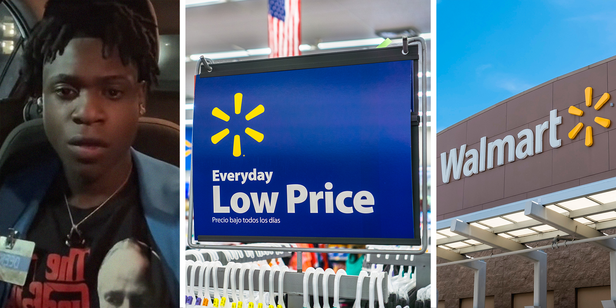 Walmart worker shares experience with customers(l) Walmart Low Price Sign(c) Walmart Store Front(r)