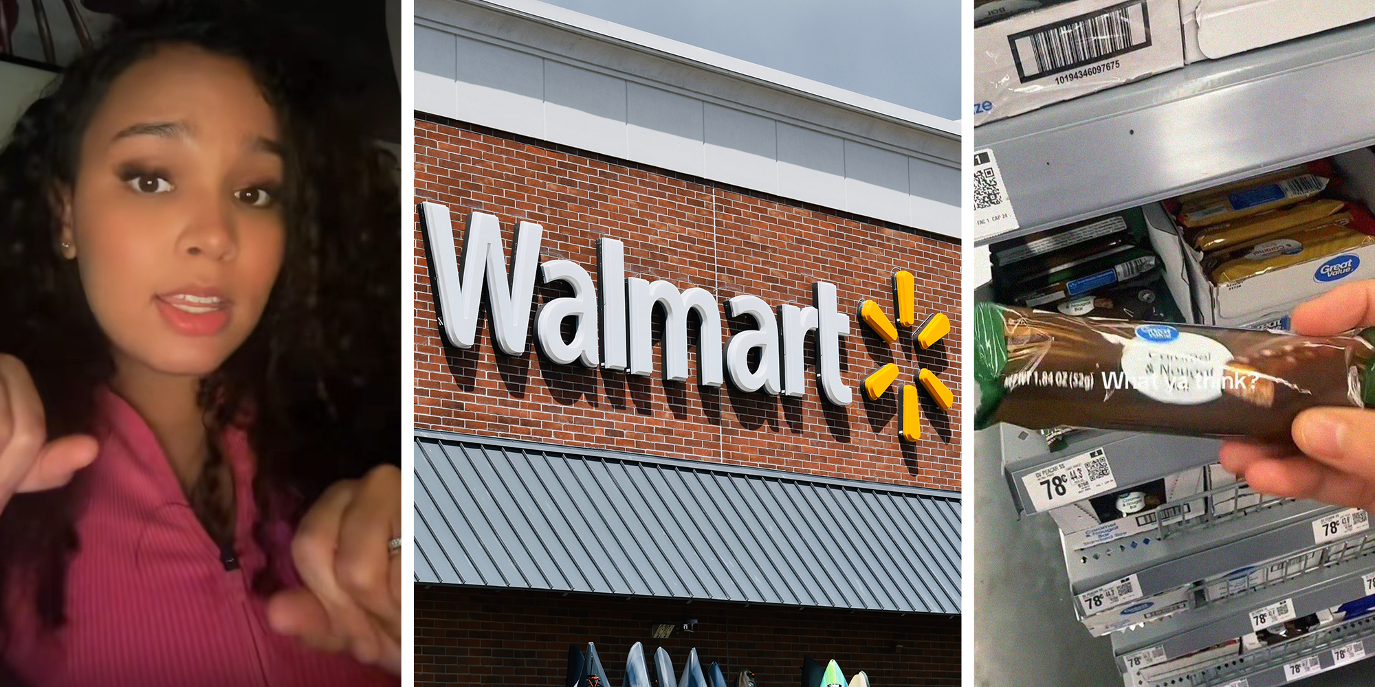 Woman shares great value snacks(l) Walmart Store Front(c) Hand holding great value chocolate bar(r)