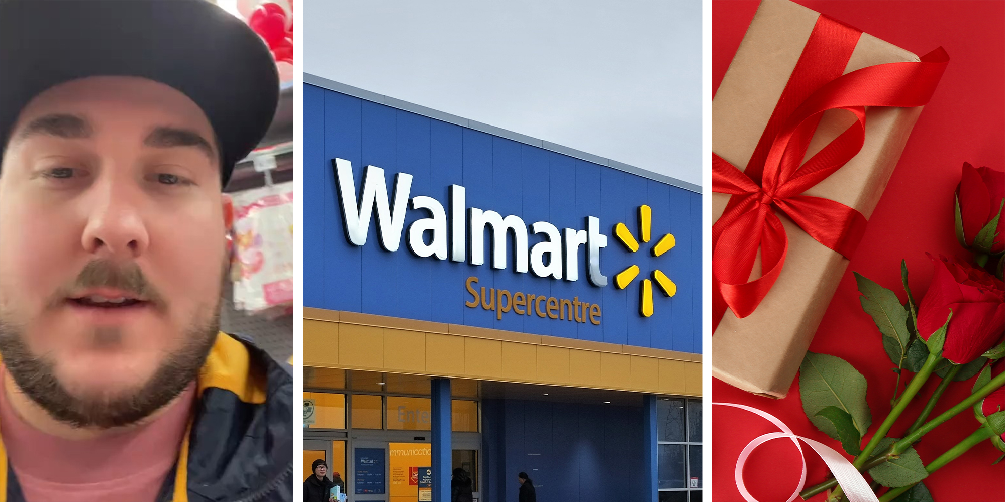 man shares his experience shopping at walmart(l) Walmart store Front(c) Valentines Gift(r)