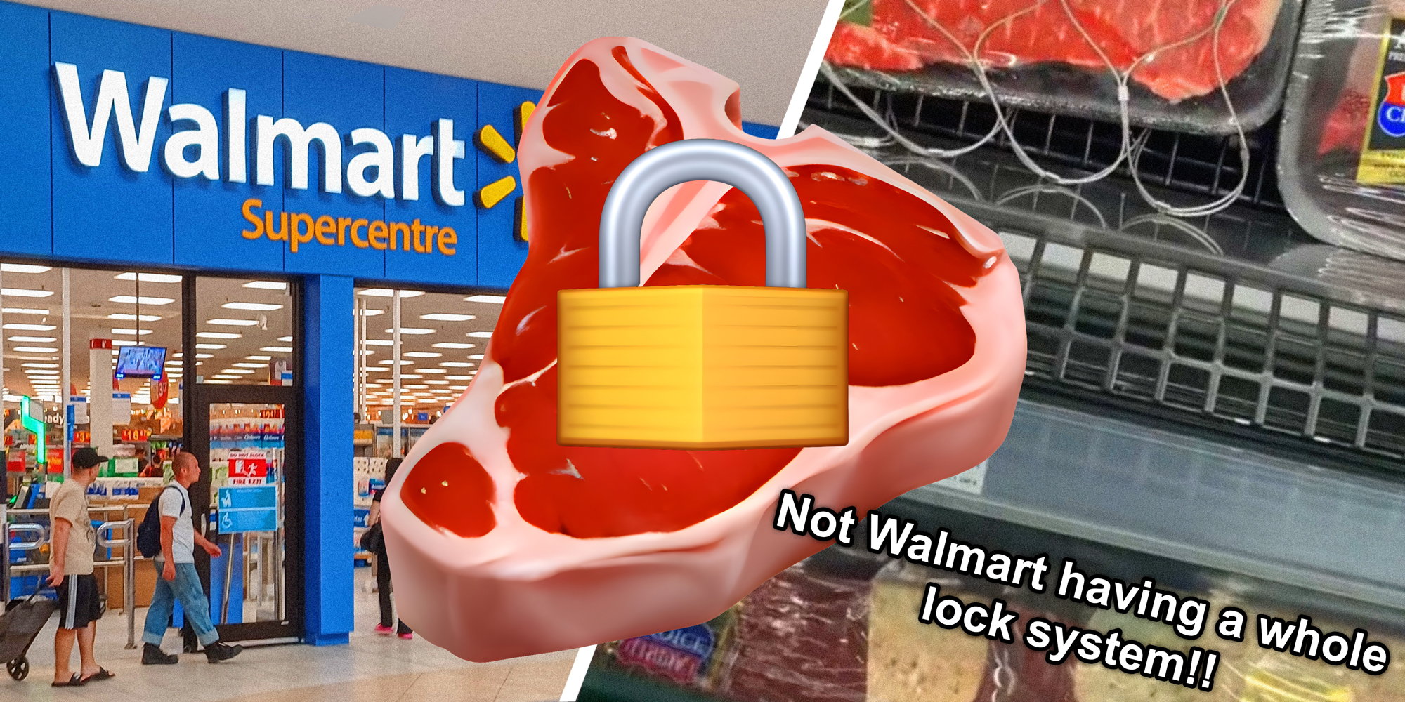 image showing the exterior of Walmart, a steak emoji with a lick emoji on it, and a screen shot from a TikTok post that says, "Not Walmart having a whole lock system!!